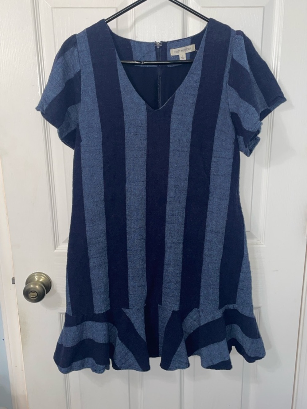 Striped V-Neck Mini Dress in Navy and Light Blue